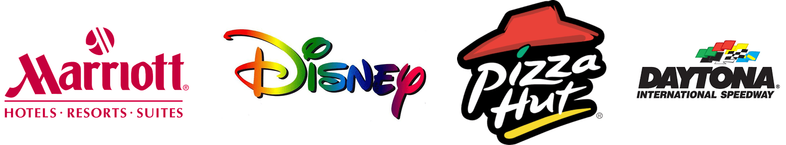 The brand logos for Marriott, Disney, Pizza Hut, and Daytona International Speedway.