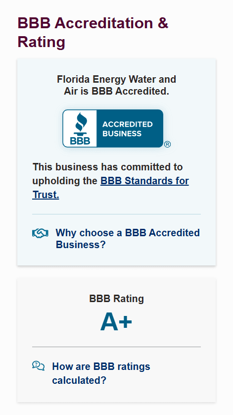 A screenshot of FEWA's A+ rated Better Business Bureau (BBB) profile.