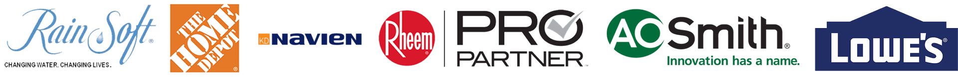 The logos for RainSoft, The Home Depot, Navien, Rheem, AO Smith, and Lowe's.